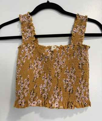 Billabong Smocked Floral Cropped Tank Top Square Neck Yellow Black Size S