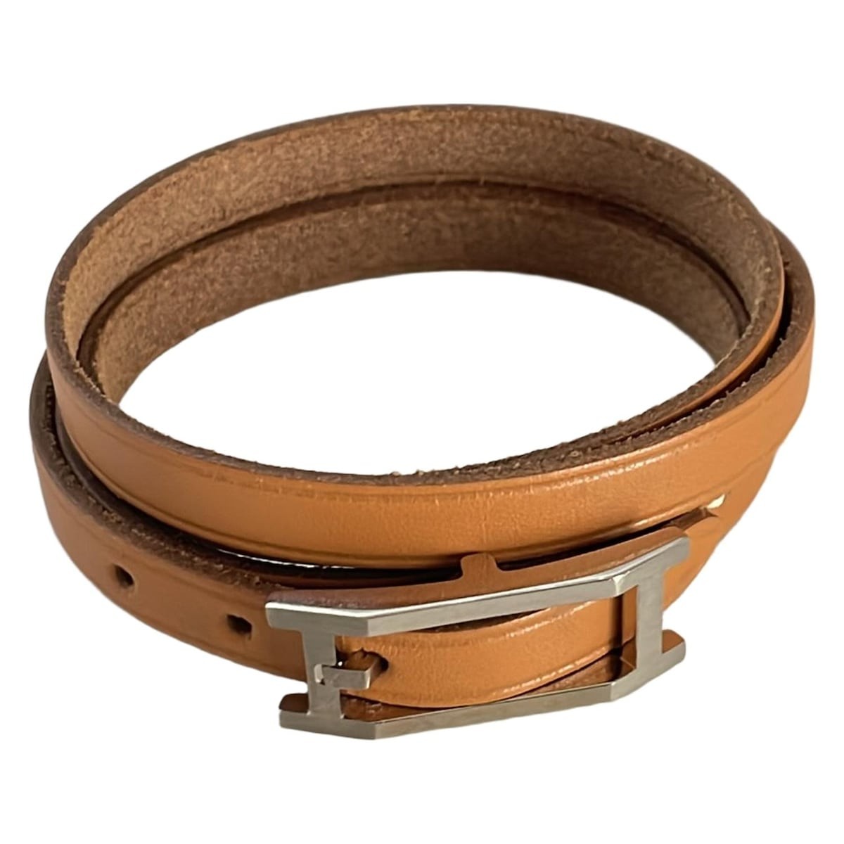 Auth HERMES Hapi Brown Silver Leather Hardware Square C