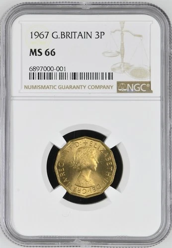 1967 Great Britain 3 Pence NGC MS 66 TOP POP (7/0) Elizabeth II Threepence