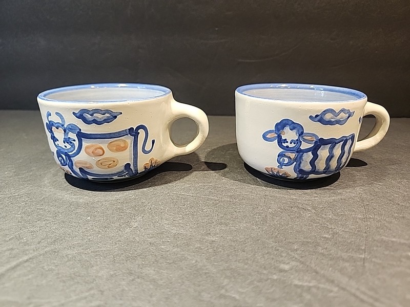 Pair of M.A. Hadley Hand Painted Art Pottery "The End" Coffee Cups - COW & LAMB