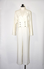 1990s Vintage White Linen Silver Print Nautical Crop Blazer Wide Leg Pant Suit M