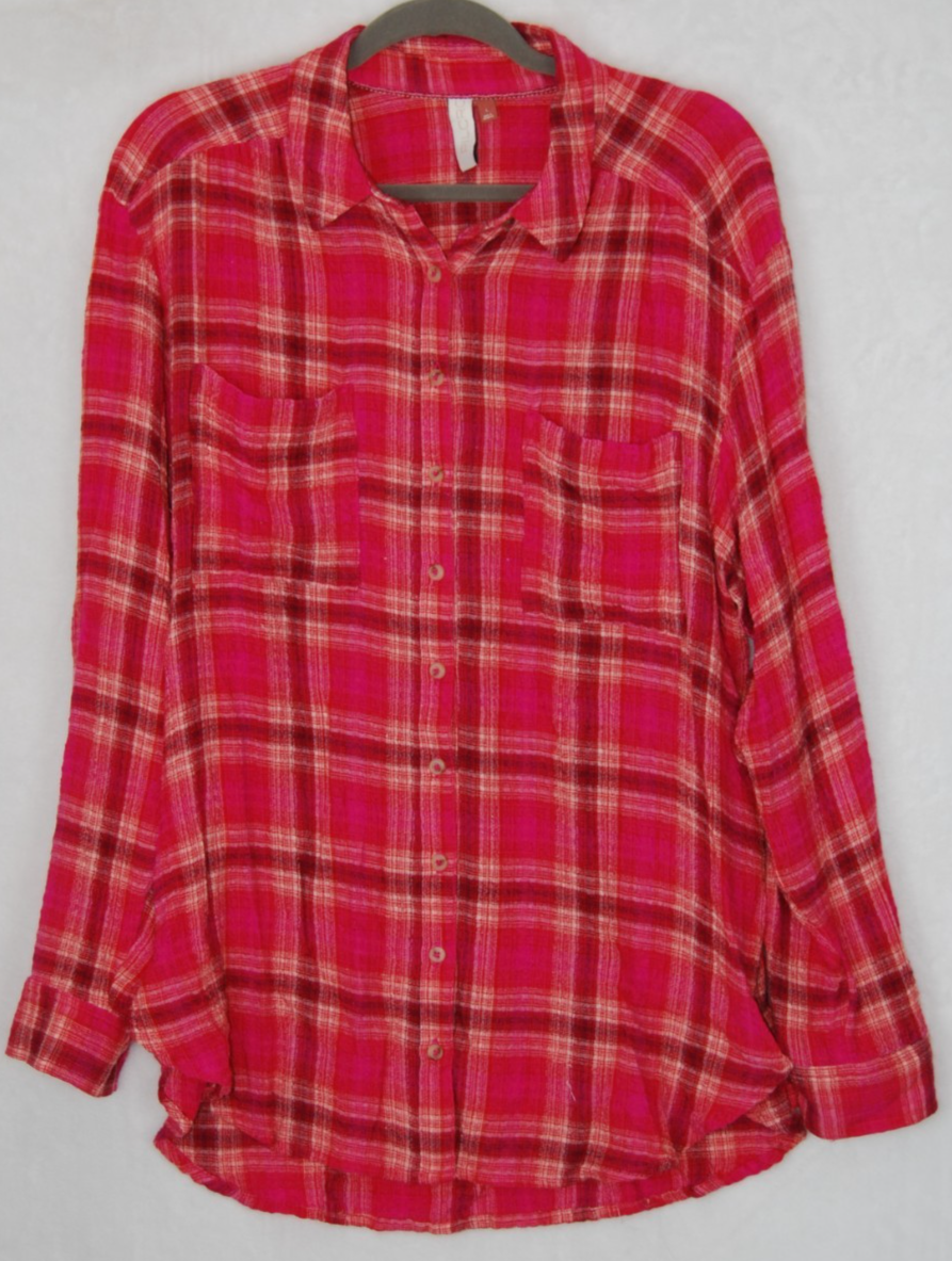Pilcro Anthropologie Shirt Womens Large Pink Plaid Button Up Boho Grunge