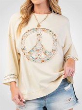 Easel Oversized Peace Patch Terry Knit Top in...