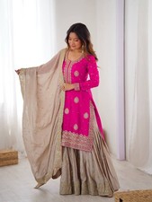 Attractive Designer Chinon Silk Pink Top Palazzo With Dupatta For Women  Girls