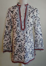 Tory Burch Tunic Top Cover-up White Blue Cotton Blouse sz 6 MSRP $295 Sequins