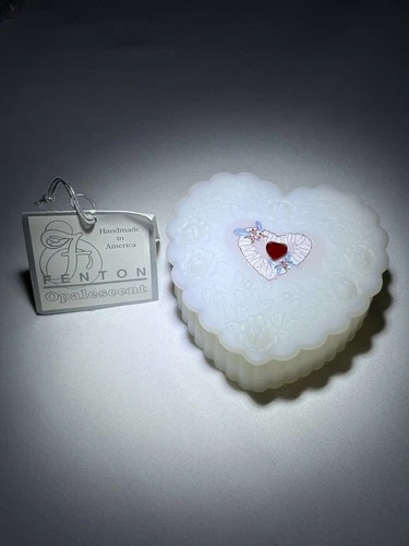 Fenton Glass Heart Shaped Floral Milk Glass Trinket Dish Hand Painted and Signed