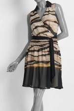 Dkny Women's Beige Printed Tie-Waist Collared Fit-Flare V-Neck Dress Size 10
