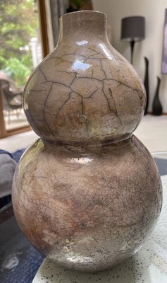 Soda Fired Glazed Crackle Iridescent Finish Double Gourd LG AMAZING Vase SIGNED