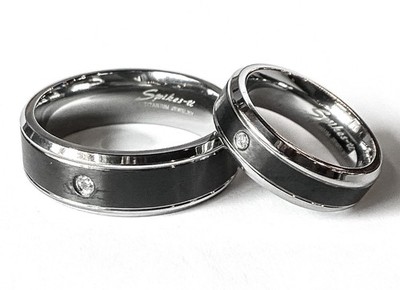 Titanium Black Center Gem Beveled Edge Ring Band Size 5 - 13 (FL136)