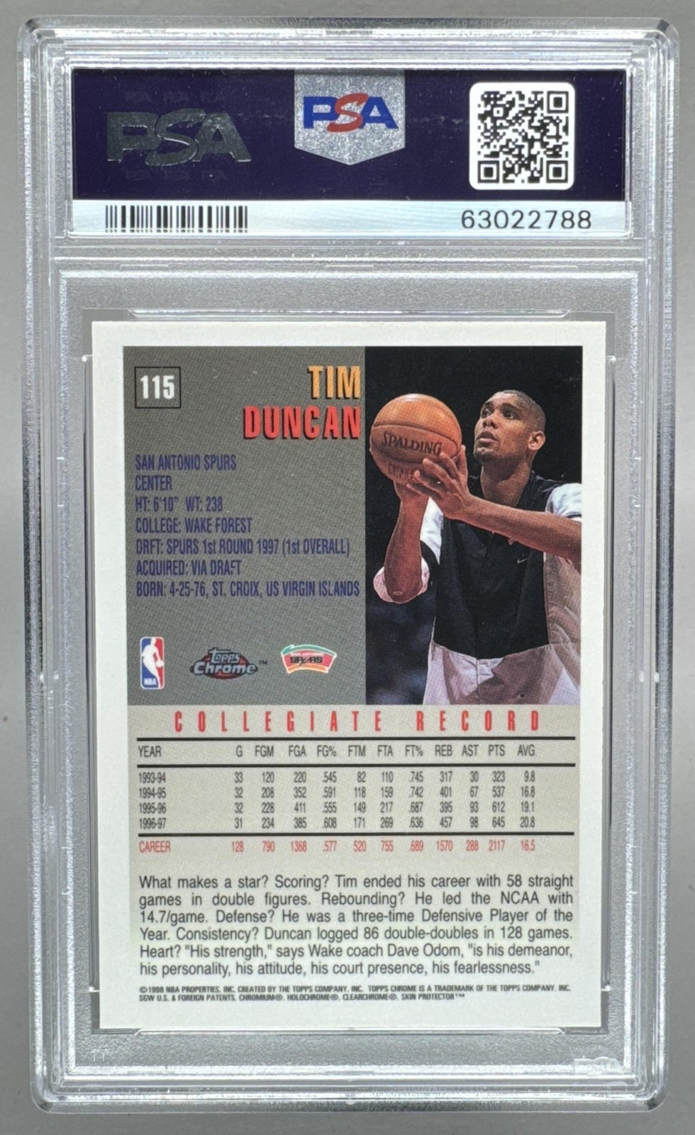 63022788 Tim Duncan 1997 Topps Chrome #115 Rookie RC PSA 10 view 2