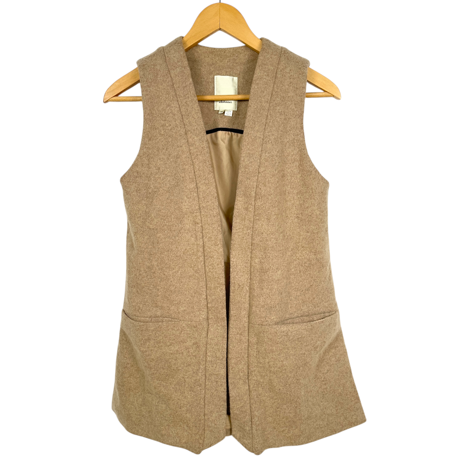 Elevenses Wool Blend Open Front Vest XS Camel Tan Made in USA Minimalist Layer