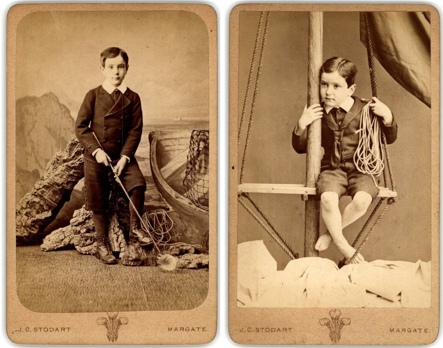 2 ANTIQUE CDVS CIRCA 1870s J.C. STOUDART YOUNG BOY ON SHIP SAIL NAVAL MARGATE UK