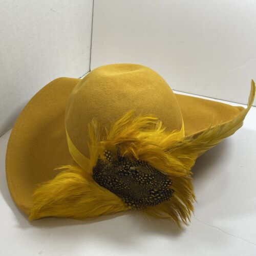 Vtg/New Deborah Fashions Derby Hat Yellow Black Feather Easter Church Sunflower