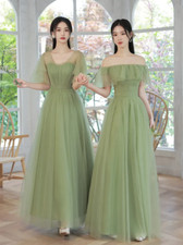 Green Bridesmaid Dress A-Line Tulle Banquet Gowns Slim Evening Dresses