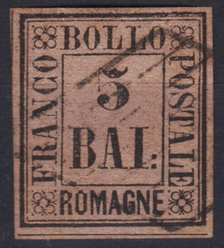 ROMAGNE 1859 5 BAJOCCHI VIOLETTO N.6 USATO BEN MARGINATO CERT. CAFFAZ - Photo 1/3