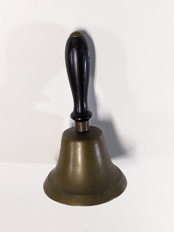 ANTIQUE SOLID BRASS HAND HELD SCHOOL BELL WITH BLACK WOOD HANDLE