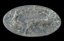 VINTAGE 1975 RUSTIC DEER SCENE BELT BUCKLE HEAVY PEWTER