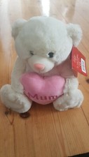White Bear with pink ribbon and Mum Love Heart - cute, teddy, mother