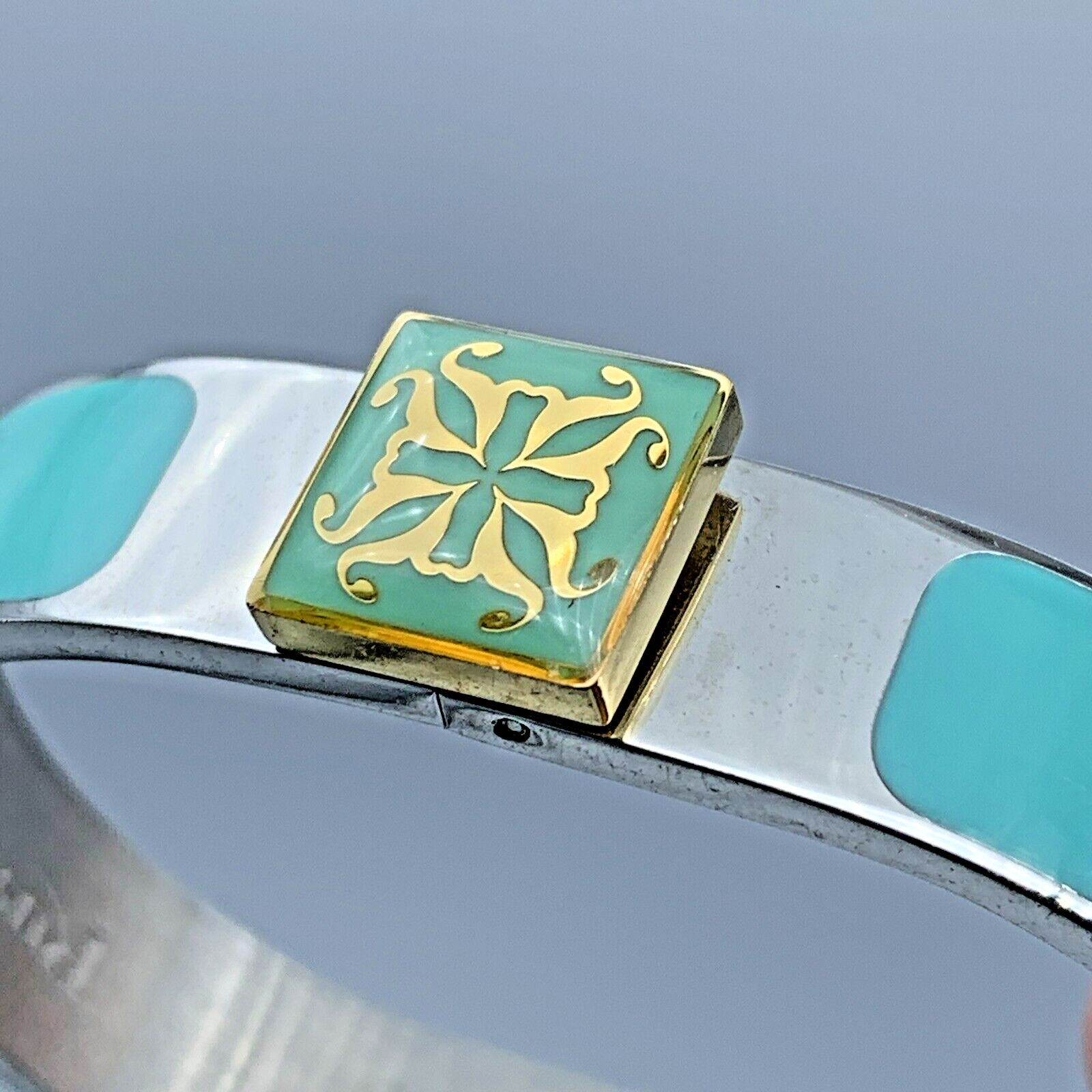 Rustic Cuff Turquoise Enamel Bangle Hinged Bracel… - image 1