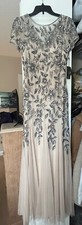 NEW Adrianna Papell Hand Beaded Short Sleeve Floral Godet Gown Taupe Sz 8