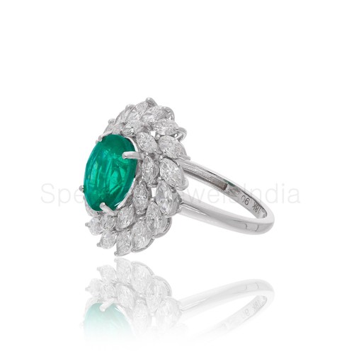 Zambian Emerald H/SI Diamond Halo Cocktail Ring 18k White Solid Gold 5.83 Tcw - Picture 3 of 9