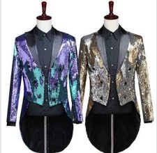 Mens Reversible Two Tone Sequins Suit Jacket Tuxedo Coat Lapel Slim Party Club