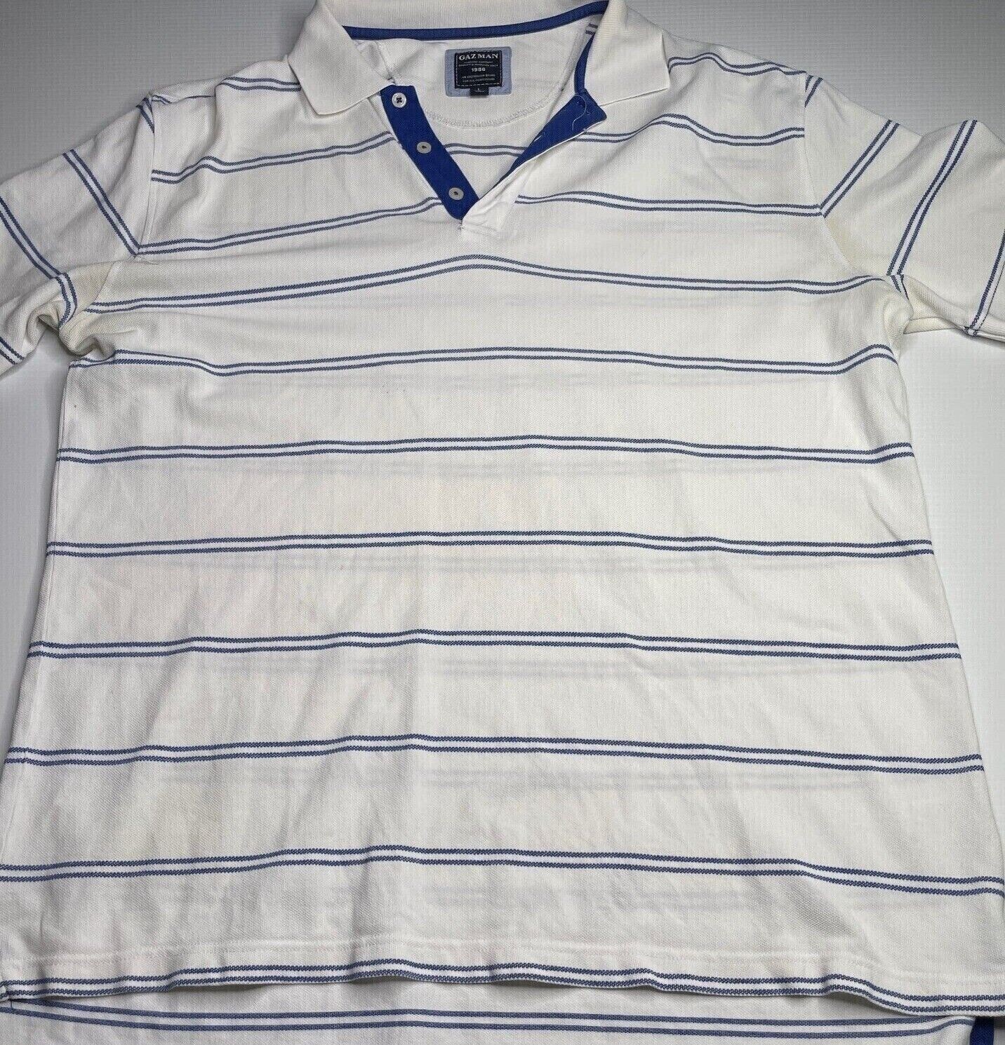 GAZMAN Striped Logo Collared Polo Shirt for Men Size L White Blue Casual Fit