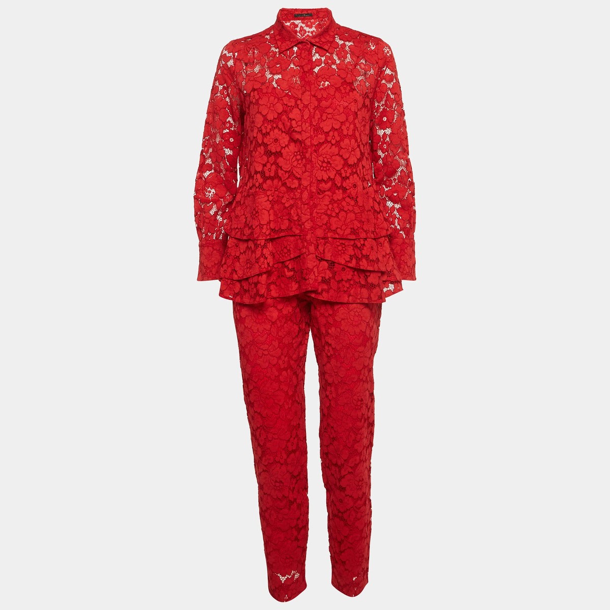 CH Carolina Herrera Red Corded Lace Ruffle Top and Straight Pants