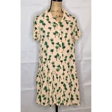 Forever 21 Womens Large Peach Palm Tree Print Drop Waist Button Down Shirt Dress