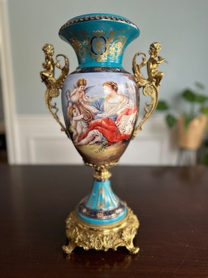 Exquisite Bronze and Porcelain Vase with Cherub Handles   Hand-Painted Rococo St