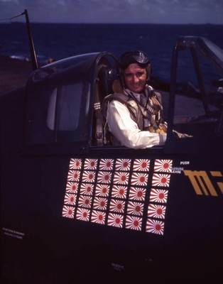 Cdr David McCampbell poses cockpit F6F Hellcat board USS Essex sea- Old Photo
