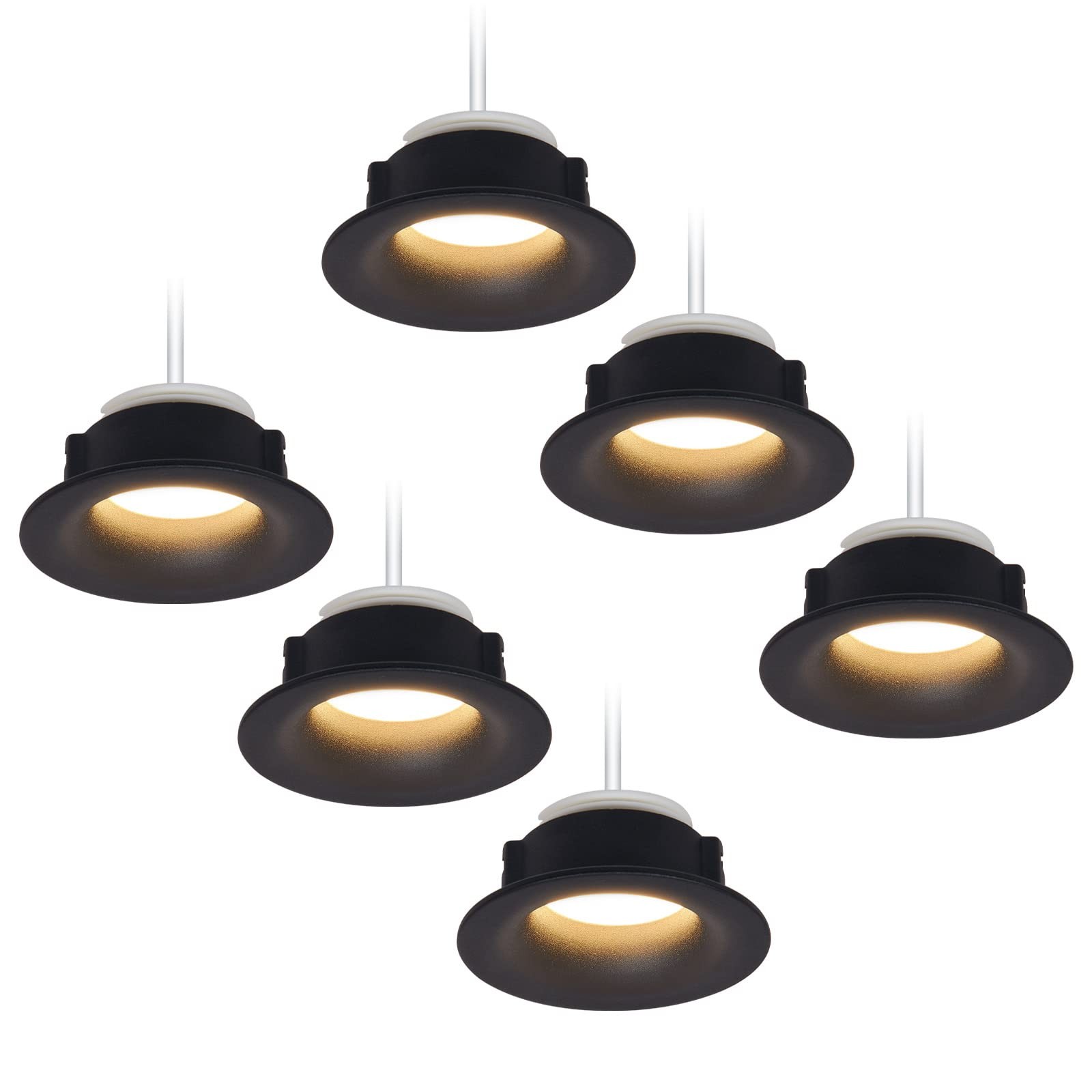 Spots LED encastrables de plafond ronds noirs avec ampoules GU10 blanc chaud