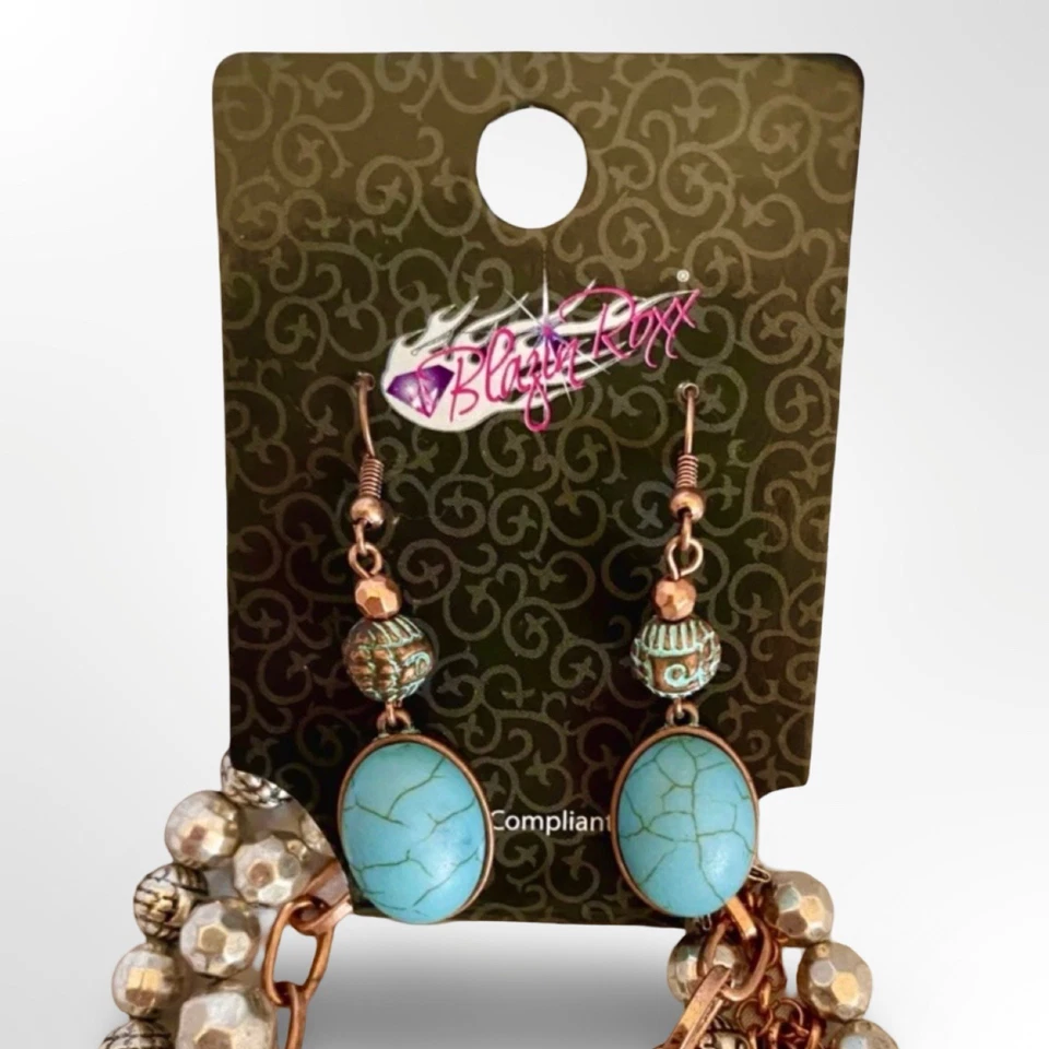 Blazin Roxx Imitación Turquesa Cobre Cuentas Cruz Colgante Collar con Pendientes NUEVO Foto 3 de 4