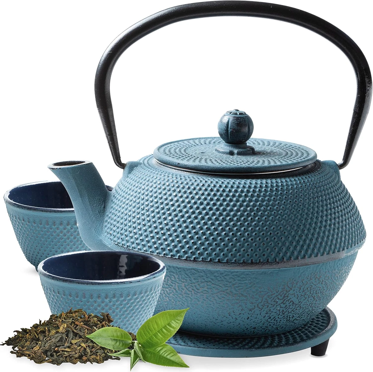 YBK Set Da Tè In Porcellana Fine Bone China 4 Persone, Teiera 700ml, Tazze 180ml, Blu Con Rosa