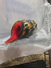Hand Blown Large Conch Shell, Blues, Greens  Golds With A Red Interior