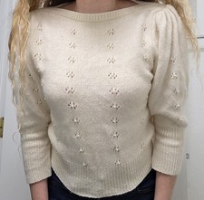   Vintage 80s FABE Ivory Pearl Beaded Sweater Silk Angora Blend Coquette Small