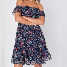NWT Lulus My Favorite Navy Blue Floral Print Off the Shoulder Dress Size MEDIUM