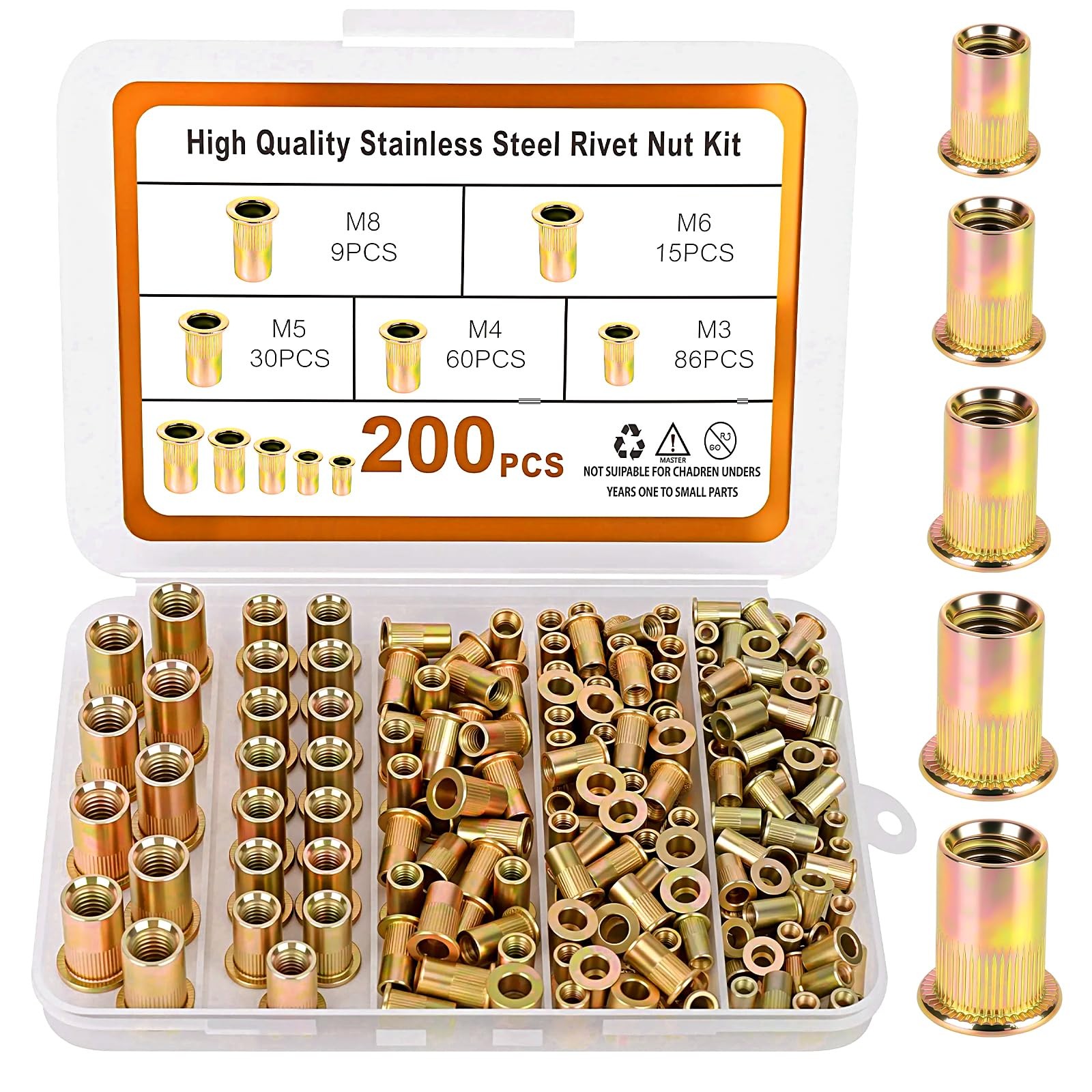 200PCS Metric Rivet Nut Kit M3 M4 M5 M6 M8 Rivnut Threaded Insert Assortment...