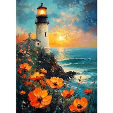 DIY Lighthouse 5D Diamond Art Kits, Round Full Drill Sparkling Poppies Diamon...