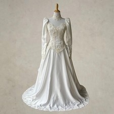 Vintage 80s Wedding Dress Lace Pearl Bridal Gown Long Sleeve Illusion White