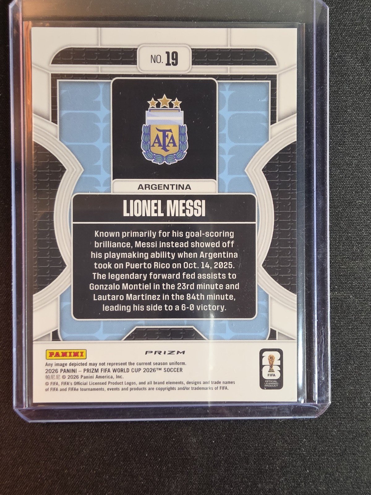 Lionel Messi 2026 Panini Prizm World Cup Phenomenon Wave #19 Argentina view 2