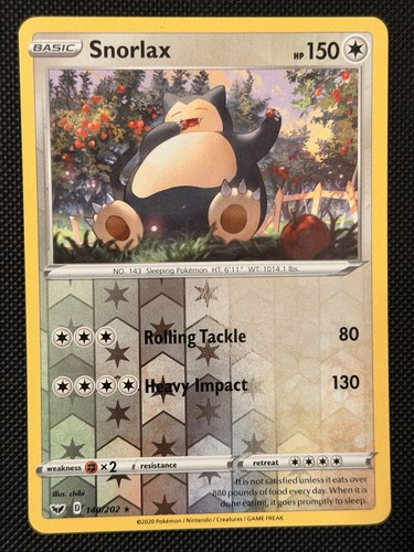 Snorlax 140/202 Reverse Holo Rare Sword & Shield Base Pokemon Card NM