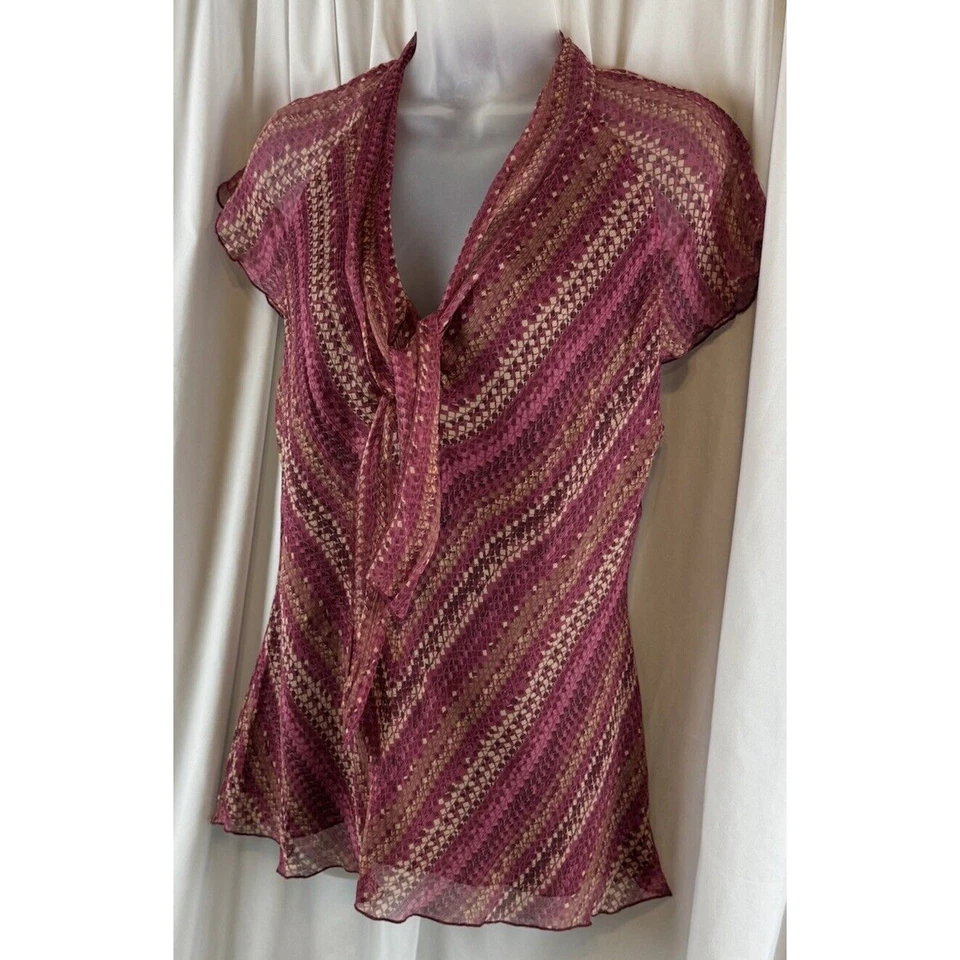 Blusa Nine West 100% Seda Corbata Borgoña Tostado Marfil 8 Vintage Profesional 66-19 Foto 3 de 4