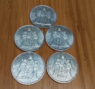 Lot de 5 Véritables Pièces en Argent 10 Francs Hercule 900% Poids : 128 Gr