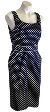 Tahari Arthur Levine Navy White Polka Dot Stretch Dress Gold Sz 4
