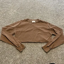 Joah Brown Slouchy Cropped Long Sleeve Shirt Distress OS Comfy Loungewear Casual