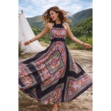 Eliza J   Halter Maxi Dress Size 8 Scarf Paisley Boho Tie Neck Resortwear Hippie