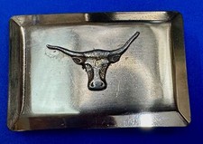 Raised Longhorn Cow Steer On Vintage Silver Color Rectangular Belt Buckle