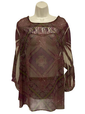 Willow bay 2X Tunic blouse top Purple dark olive tan sheer 3/4 Sleeve floral