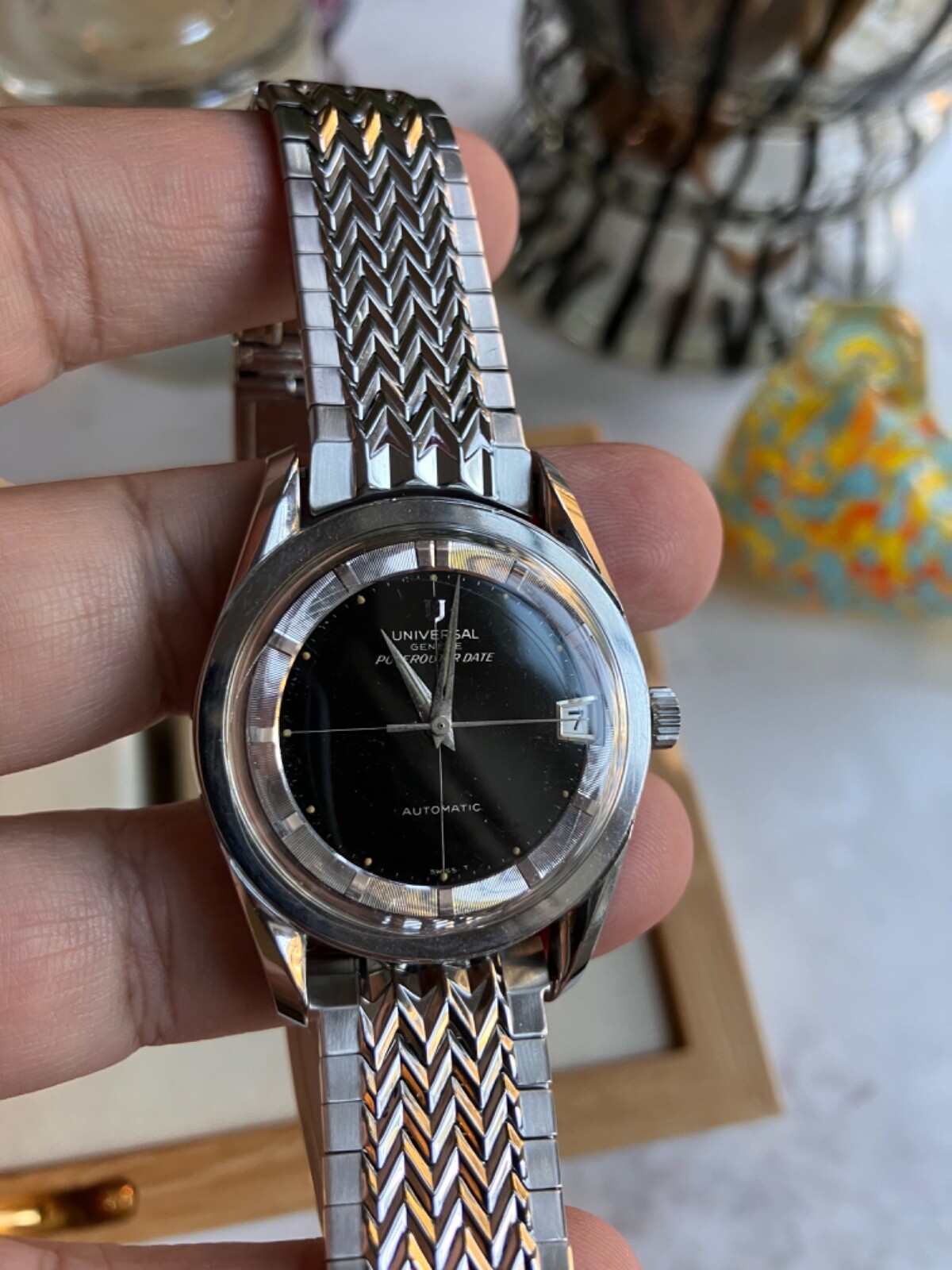 Universal Geneve Polerouter Auto Date 36mm St case OrgWAVE Brclt Black Dial